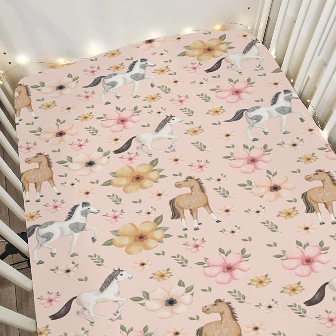 Watercolor Horse Floral Baby Crib Sheets for Boy Girl 52"x28" Running Horses Boho Flowers Soft Snug Fitted Crib Mattress Cover Wild Animals Baby Sheet for Standard Crib & Toddler Bed Mattress Pink