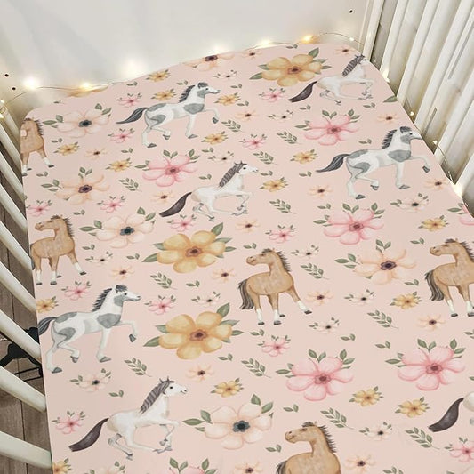 Watercolor Horse Floral Baby Crib Sheets for Boy Girl 52"x28" Running Horses Boho Flowers Soft Snug Fitted Crib Mattress Cover Wild Animals Baby Sheet for Standard Crib & Toddler Bed Mattress Pink