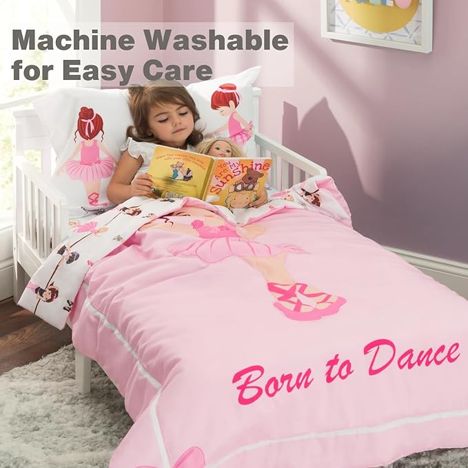 EVERYDAY KIDS 4 Piece Toddler Bedding Set -Born to Dance Ballerina- Includes Comforter, Flat Sheet, Fitted Sheet and Reversible Pillowcase
