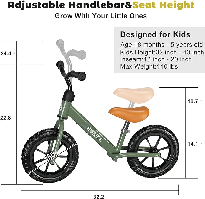 Bobike Toddler Balance Bike Toys for 2 to 5 Year Old Girls Boys Adjustable Seat and Handlebar No-Pedal Training Bike Best Gifts for Kids