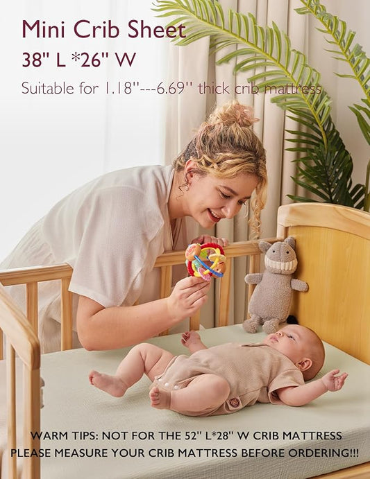 Momcozy Muslin Mini Crib Sheets Fitted - 38''x26'' Pack and Play Sheets for Pack N Play Mattress, 2 Pack Soft & Breathable Natural Cotton Non Slip Bed Cover for Boys, Girls, Grey Green