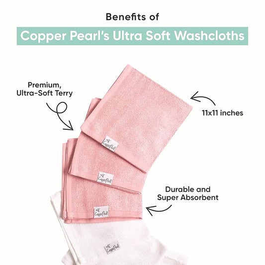 Copper Pearl 6 Ultra Soft Baby Bath Washcloths Premium Large Soft Darling (Pink/White) 11" x 11" Towels