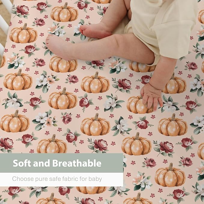 Vintage Floral Pumpkin Fall Baby Crib Sheets for Boy Girl 52x28 Pastel Pumpkins Flower Soft Snug Fitted Crib Mattress Cover Autumn Thanksgiving Harvest Baby Sheet for Standard Crib & Toddler Mattress