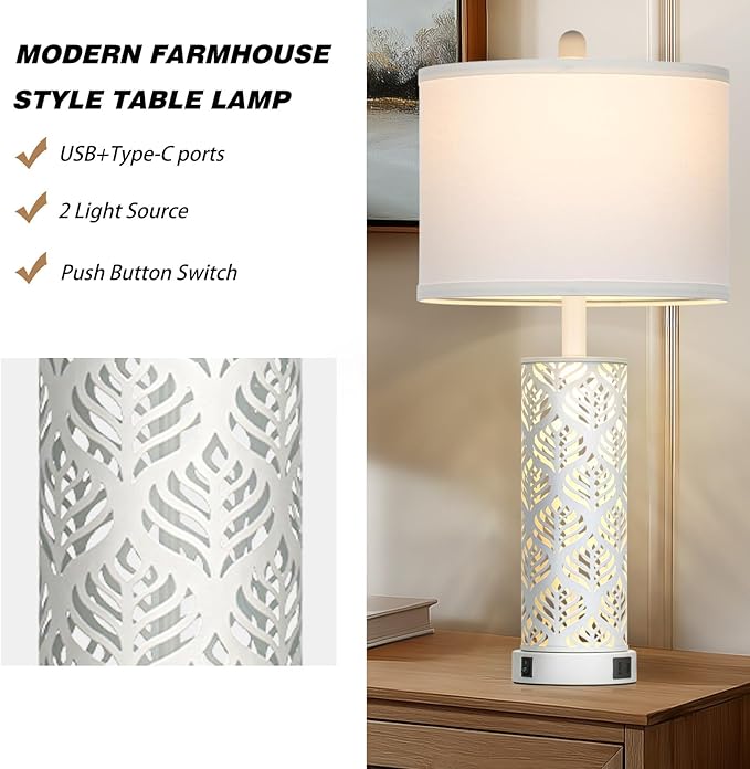 Cinkeda Set of 2 Rustic Table Lamps for Living Room Bedroom, Vintage Farmhouse Nightstand Lamp with 2 USB Ports, Hollow Out Metel Lamp for End Table with Nightlight (White)