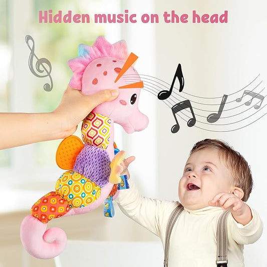 LIGHTDESIRE Baby Toys Musical Seahorse Stuffed Animals Infant Toys 0-6-12 Months with Mirror|Rattles|Crinkle|Baby Teething Toys,Sensory Toys for Tummy Time Newborn Boys Girls Birthday Gifts(Rose Pink)