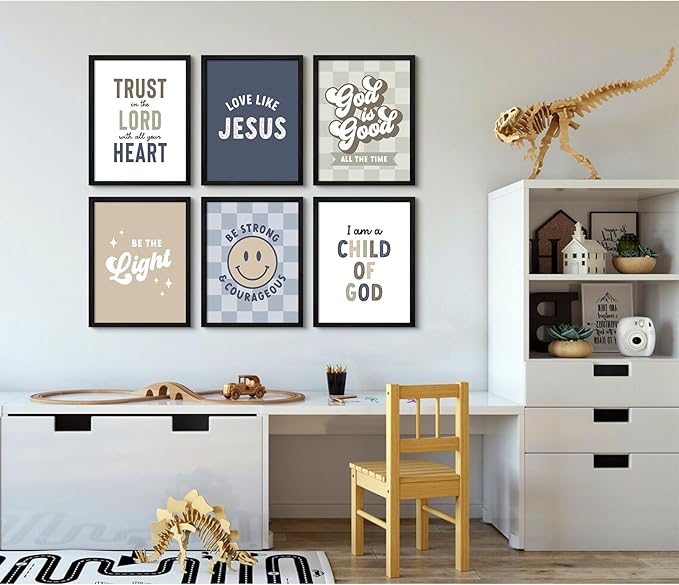 Bible Verses Wall Art Decor Christian Boy Nursery Canvas Wall Decor Boy Kids Room Posters Scriptures Religious Prints Modern Children Christian Pictures Artwork for Bedroom 8x10x6 Inch Framed