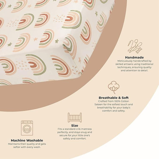 Crane Baby 100% Cotton Breathable Fitted Baby and Toddler Sheet for Standard Mattress (28 X 52), Machine Washable Crib Boho Rainbow Boho Rainbow