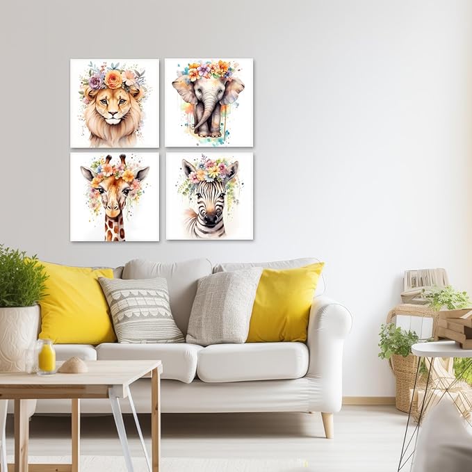 LYUNSHUO Nursery Wall Decor Cute Rustic Farmhouse Animal Canvas Print Wall Art Flower Poster Modern Artwork for Living Room Bedroom Bathroom Home Decor Framed(Art-3,8.00"x8.00"x4P)