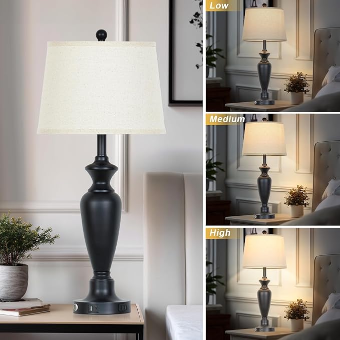 Cinyirong 30" Tall Table Lamps Set of 2, Touch Control Bedside Lamp with USB A+C Ports and AC Outlet, 3-Way Dimmable Modern Metal Nightstand Lamp for Bedroom Living Room, 2 LED Bulbs Included, Black
