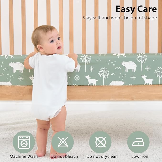Baby Crib Sheets for Boys and Girls, 3 Pack Fitted Crib Sheets Neutral for 52”x28” Standard Crib and Toddler Mattresses, Ultra Soft & Silky Smooth Microfiber Green Forest Bear
