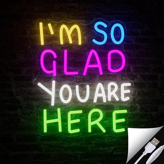 I'm So Glad You Are Here Neon Sign Rainbow Words Dimmable Neon Light for Wall Decor Welcome LED Signs for Classroom USB Powered Colorful Light Up Sign School wedding Kid Room Party Business Wall Art