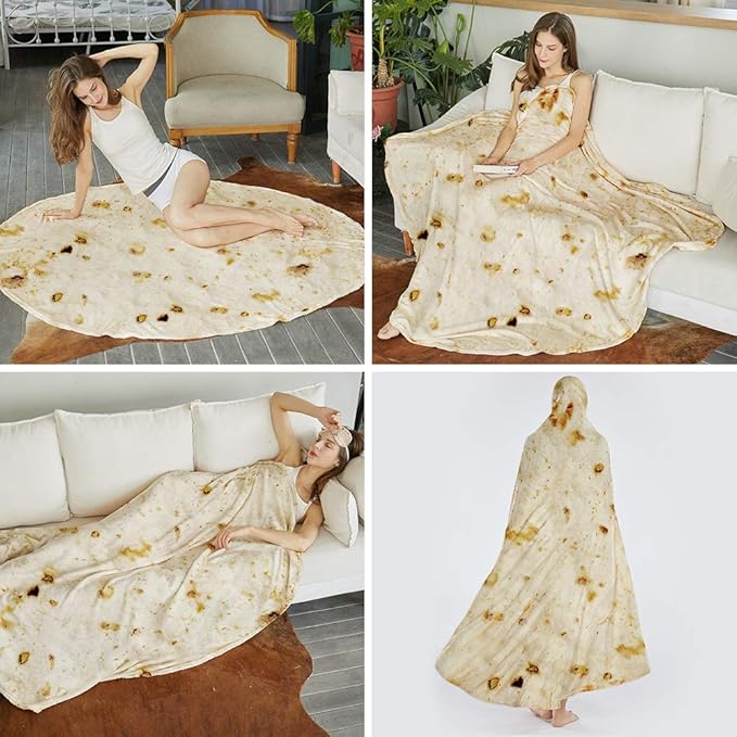 SeaRoomy Burritos Tortilla Blanket, Realistic Food Wrap Blanket Double Sided, Novelty Funny Tortilla Round Soft Blankets (Beige, 47 inches)