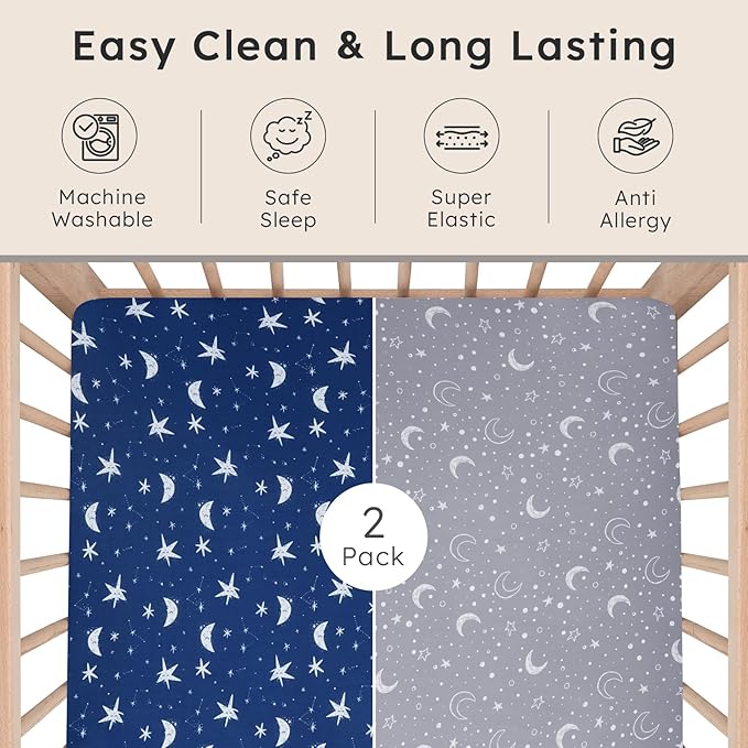 Baby Crib Sheets for Boys Girls Neutral, 2 Pack Crib Mattress Sheet for Standard Crib and Toddler Mattress, Super Soft Breathable Fitted Crib Sheet, 52" x 28"