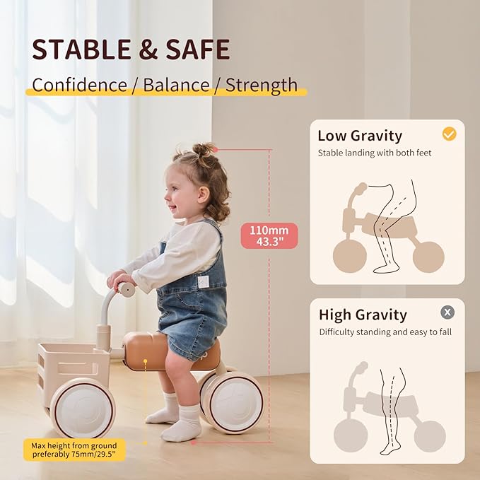 kidpop Toast Baby Walker Convertible Push Rider with Detachable Seat Anti-Tip Tri-Frame & Food-Grade Basket Balance Bike for 10-36 Months