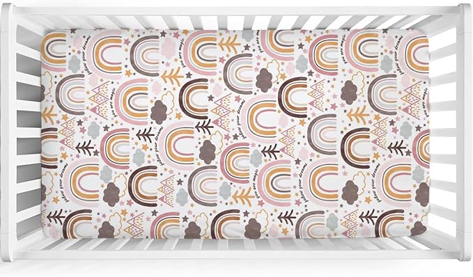 Colorful Boho Rainbow Baby Crib Sheet 52''x28'' Cute Rainbow Mountain Trees Clouds Stars Fitted Crib Mattress Cover for Boy Girl Soft Bed Sheet for Standard Size Crib and Toddler Mattresses