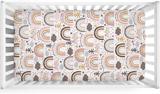Colorful Boho Rainbow Baby Crib Sheet 52''x28'' Cute Rainbow Mountain Trees Clouds Stars Fitted Crib Mattress Cover for Boy Girl Soft Bed Sheet for Standard Size Crib and Toddler Mattresses