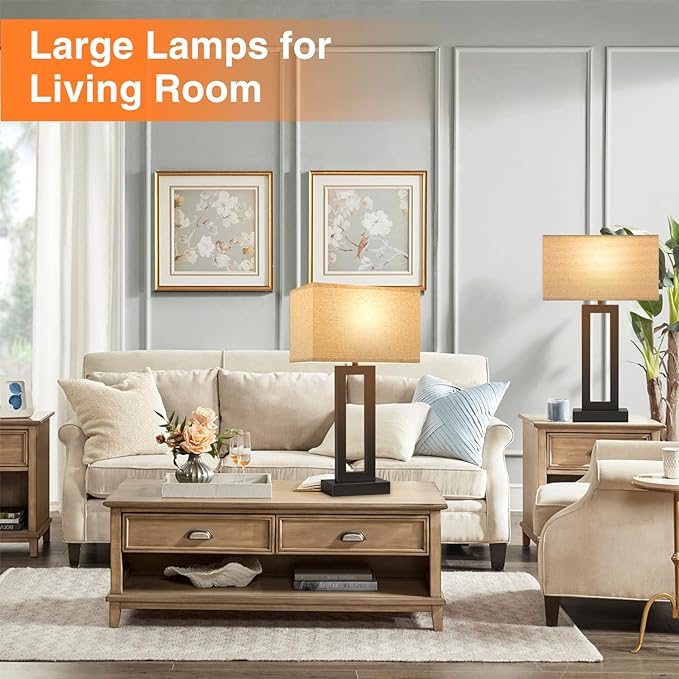 Modern 22" Tall Bedside Lamps for Night Stands - Touch 3 Way Dimmable Bedroom Lamps (Set of 2) with USB C+A (Beige & Black)