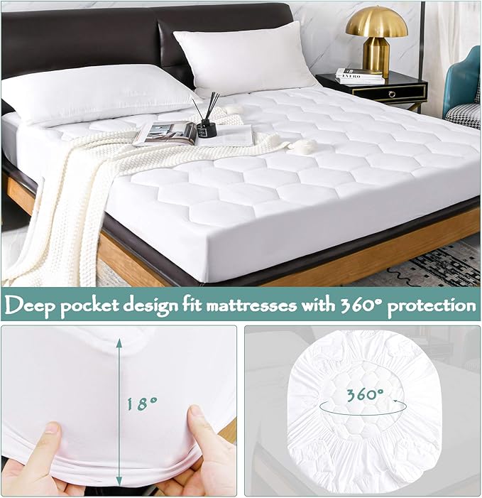 King Quilted Waterproof Mattress Pad Cover,Soft Mattress Pad Cover, Waterproof Mattress Protector Stretches up to 16” Deep Pocket-Hollow Alternative Filling-Cooling Mattress Topper