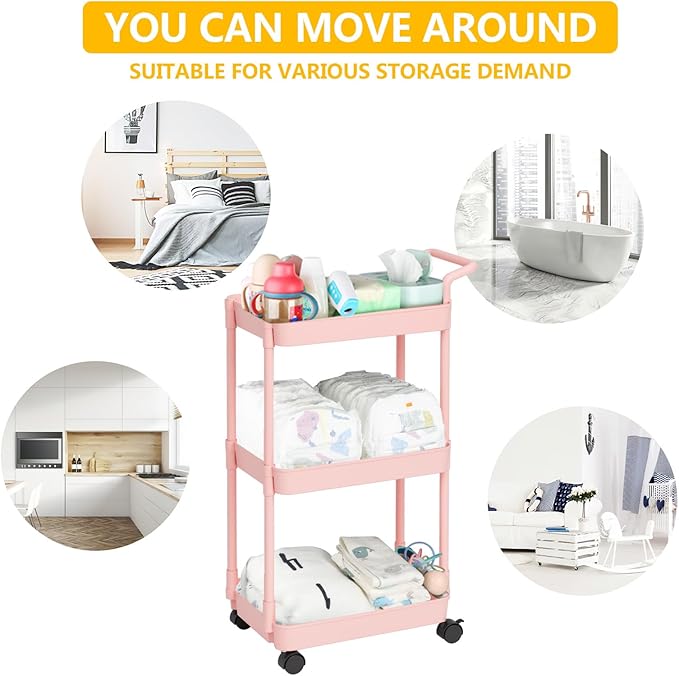 Volnamal Baby Diaper Caddy – Plastic Diaper Organizer for Nursery Essentials, Movable Cart for Changing Table & Crib, Easy to Assemble, Pink