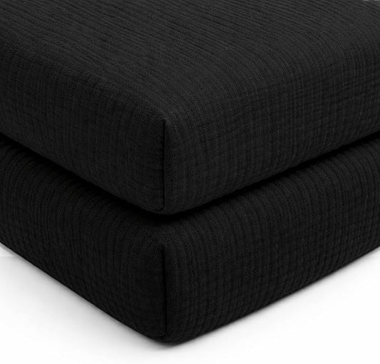 2 Pack Black Muslin Crib Sheets for Boys & Girl- Neutral Breathable Cotton Crib Mattress Sheets Fitted for Standard 28"x 52"- Nursery Décor No Slip Crib Bed Sheets