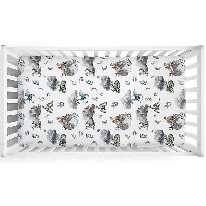 Watercolor Dragons Fairytale Baby Crib Sheets - 52''x28'' Dragon Wings Leaves Moon Clouds Stretchy Fitted Mattress Cover for Boy & Girl - Soft Nursery Bed Sheets for Standard & Toddler Mattress