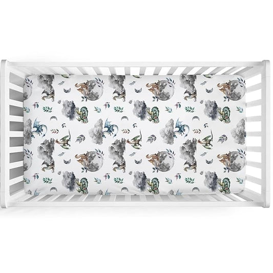 Watercolor Dragons Fairytale Baby Crib Sheets - 52''x28'' Dragon Wings Leaves Moon Clouds Stretchy Fitted Mattress Cover for Boy & Girl - Soft Nursery Bed Sheets for Standard & Toddler Mattress