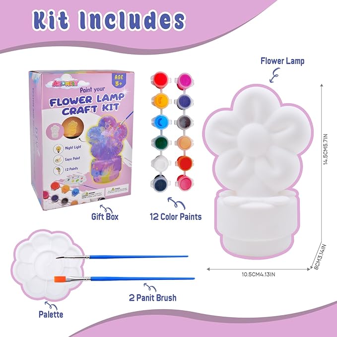 ASIOWELY Paint Your Own Lamp Kits,Arts and Crafts for Girls 8-12,DIY Arts Supplies for Kids Toys Ages 4-6-8,Flower Night Light Painting for Girl 5-10,Birthday Christmas Gifts for 3-12+ Years Old