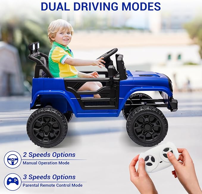 12V Ride On Car for Kids Electric Vehicle Toddlers Battery Powered Truck Car Toy with Remote Control, 4-Wheel Suspension, Battery Display, LED Lights, Music, for Boys Girls, Dark Blue
