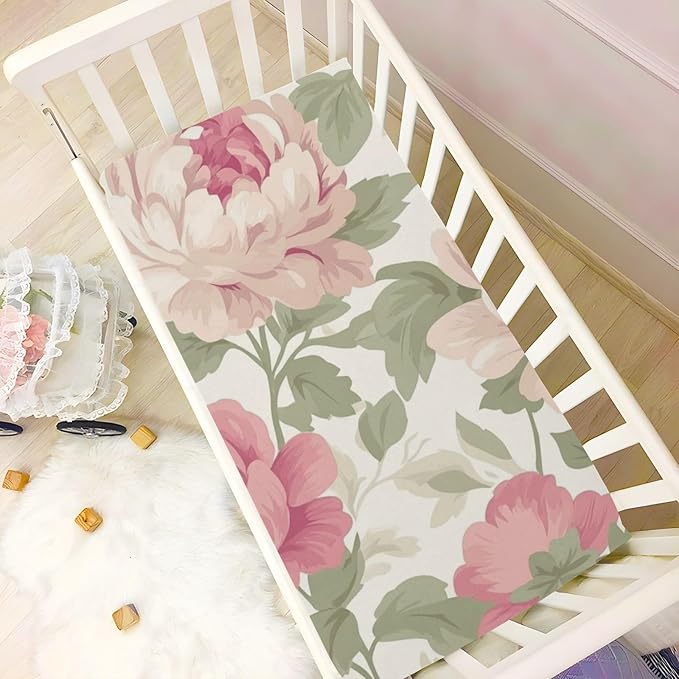 Peony Flowers Fresh Beige Crib Sheets Standard Crib Toddler Mattresses Cover Fitted Baby Bed Sheet Breathable Crib Mattress Sheet for Girls Boys 39''x27''x9''