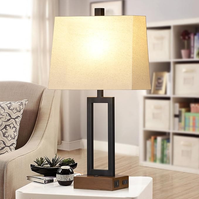 Lolikit Table Lamps Set of 2 with 2 USB Ports and AC Power Outlet, Modern Bedside Lamp, Wood Nightstand Lamp with Linen Shade for Living Room Bedroom End Table Hotel Desk(LED Bulb Included)