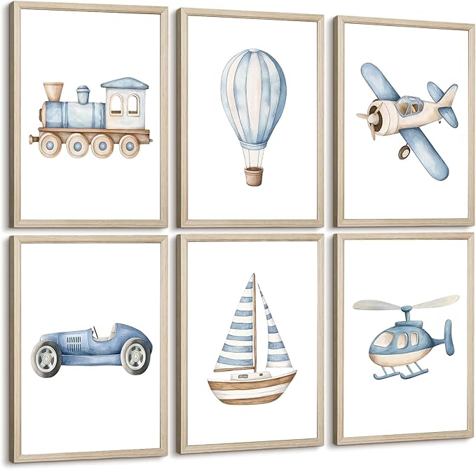 Baby Boy Nursery Wall Art Transportation Blue Car Canvas Prints Vintage Toddler Vehicle Pictures Decor Hot Air Balloon Airplane Nursery Poster for Kids Boys Room Bedroom 12x16x6 Inch Framed