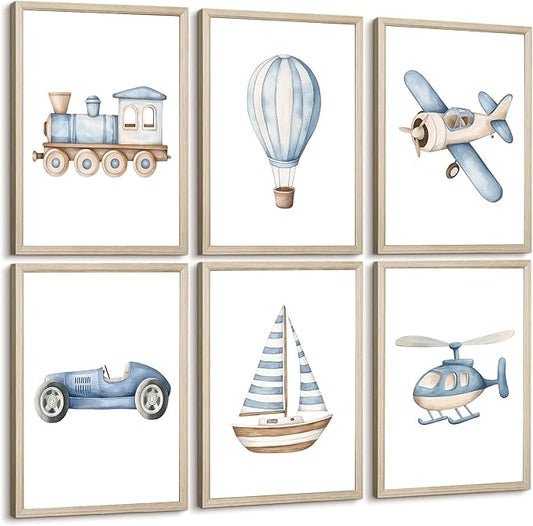 Baby Boy Nursery Wall Art Transportation Blue Car Canvas Prints Vintage Toddler Vehicle Pictures Decor Hot Air Balloon Airplane Nursery Poster for Kids Boys Room Bedroom 12x16x6 Inch Framed