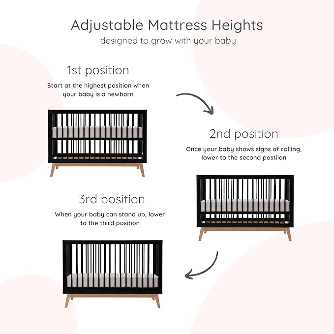 dadada Baby Soho 3-in-1 Convertible Wooden Crib to Toddler Bed - Made in Italy, GREENGUARD Gold Certified, Baby-Safe Finish, Handcrafted Beechwood, Modern Design, 3 Adjustable Heights (Black/Natural)