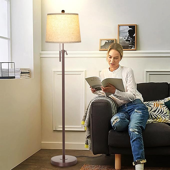 JUNNAI Modern Floor Lamp Adjustable Height Standing Lamp Tall Lamp with 3 Color Temperatures Floor Lamps for Living Room Bedroom Office Beige Shade Bulb Included-Brown