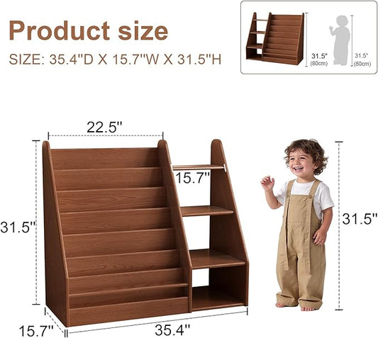 DONGMUWUJEE Solid Wood Kids Bookshelf and Storage Organizer, 7 Layer Children Bookcase, Baby Toddler Wooden Book Shelf, Display Cabinet for Playroom, Bedroom, Classroom, Nursery, School, Walnut