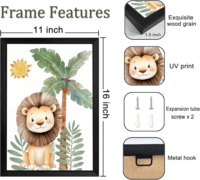 Cute Sun Lion Giraffe Quote Framed Wall Art Set of 4, 11x16 Boho Educational Animal Wall Sign for Baby Girl Kid Boy Toddlers, Wooden Inspirational Nursery Wall Decor Black