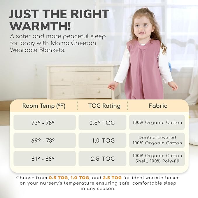 Mama Cheetah Toddler Sleep Sack with Feet 3T-4T, 1.0 TOG Organic Cotton Baby Wearable Blankets with Legs, Baby Sleeping Bag for Walkers, Early Walker Large