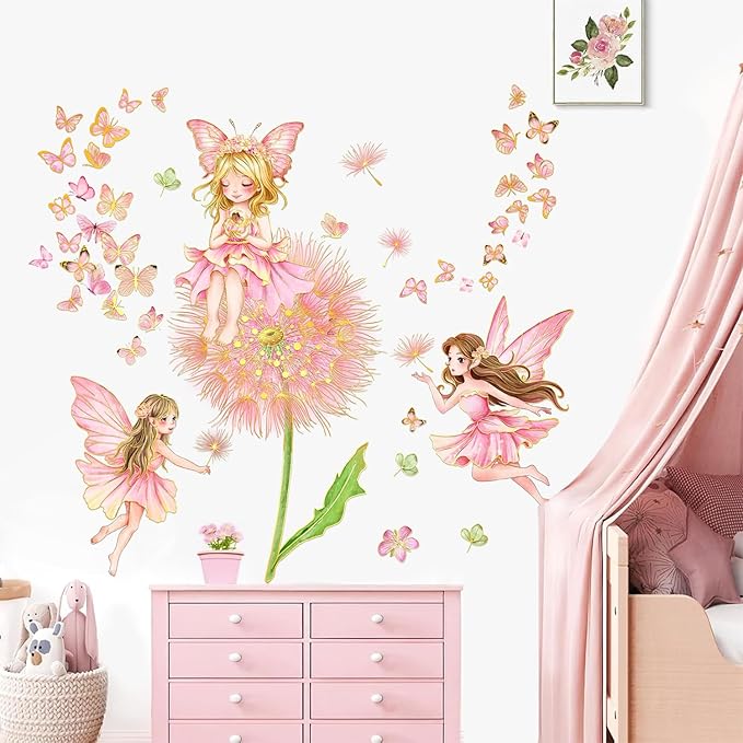 Pink Fairy Flower Wall Decal Large Dandelion Butterflies Wall Decor Peel and Stick Cartoon Style Stickers for Girls Bedroom Baby Nursery Kids Room