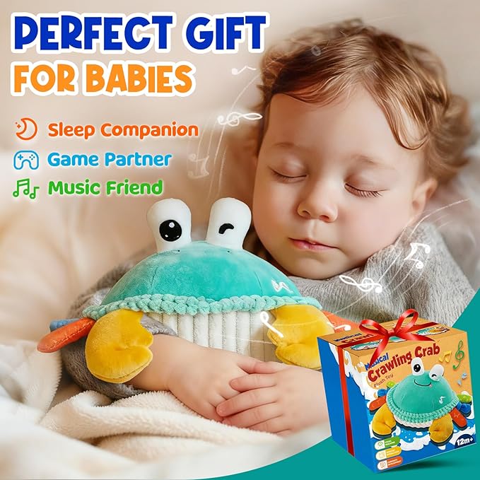 FUNZBO Baby Toys 12 18 Months - 3 in 1 Musical Dancing Crawling Crab Baby Plush Toy, Interactive Infant Tummy Time Toys with 50 Songs & Recording Feature, Christmas Birthday Gifts for Age 1-3 Toddler