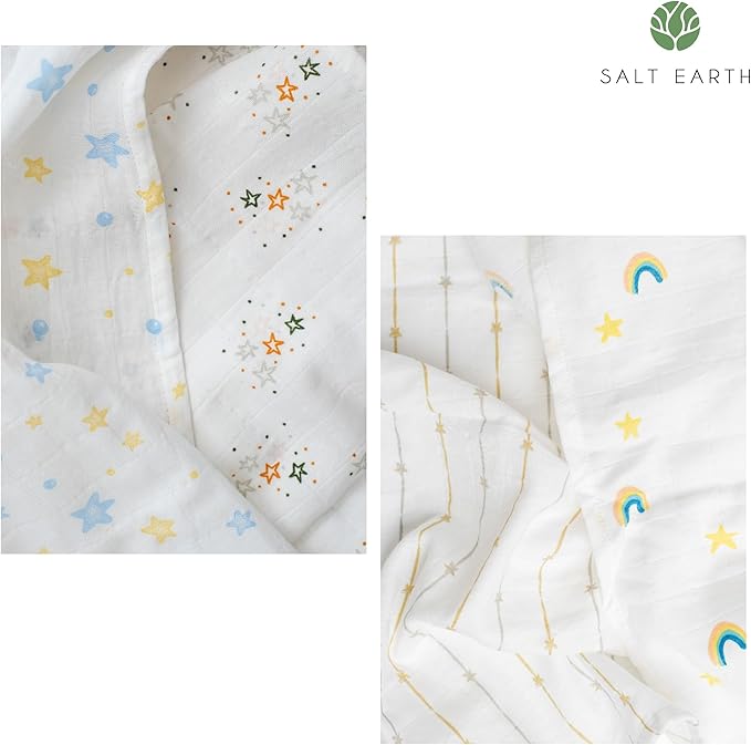 Salt Earth 100% Organic Cotton GOTS Certified 2-Layered Swaddle Baby Blanket, 4 Pack,47"x47" Receiving Blankets for Swaddling,Wrap for Boy & Girl, Newborn Baby Essentials, Registry (Star & Rainbow)