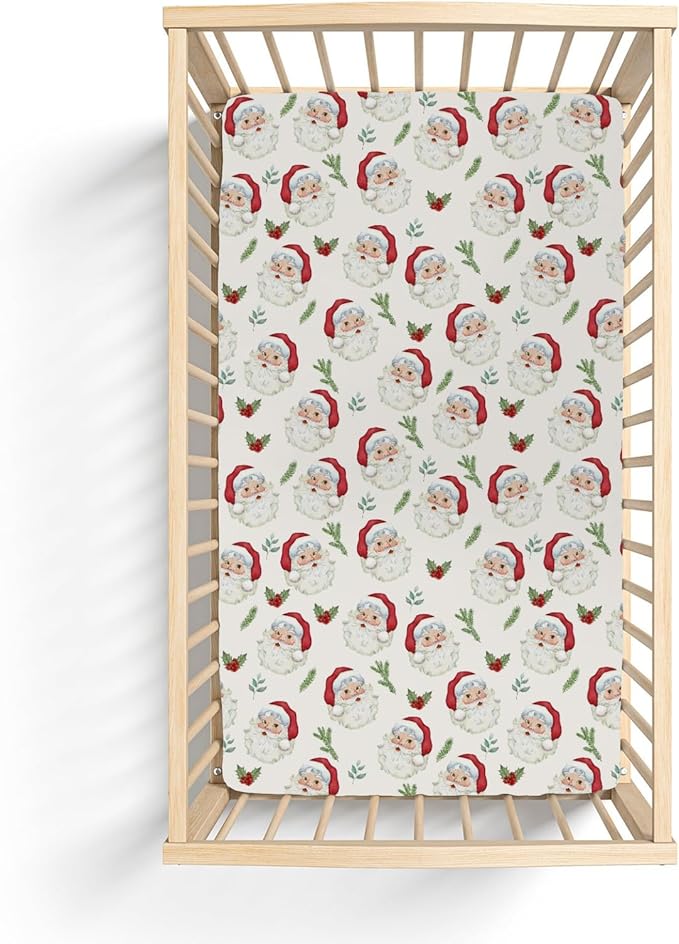 Christmas Santa Claus Baby Crib Sheets for Boy Girl 52"x28" Retro Santa Cherry Fir Leaves Soft Snug Fitted Crib Mattress Cover Winter Holiday Nursery Baby Sheet for Crib & Toddler Bed Mattresses