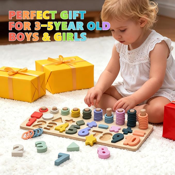 Silicone Montessori Number Puzzle Toys for Toddlers, Counting & Shape Sorting Educational Toy for 3 4 5 Year Old Boys Girls, Preschool Math Learning Board Gift, Colorful Silicone Stacking Toy