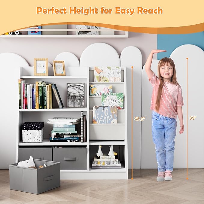 HedoAjim White Kids Bookshelf Wood Montessori Toy Storage Organizer Cabinet Shelf Child Bookcase Toddler Baby Sling Book Rack 3 Cube Bin Fabric Drawers for Playroom Bedroom Nursery School