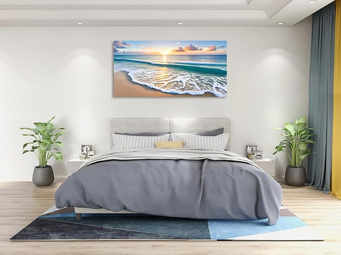 KUNHAAH Wall Art Canvas Painting Sunset Waves on The Beach 1 Piece Colorful Sky and Sparkling Clouds on The Sea Surface Picture Poster Print Framed Ready to Hang for Living Room Bedroom 71x36inch