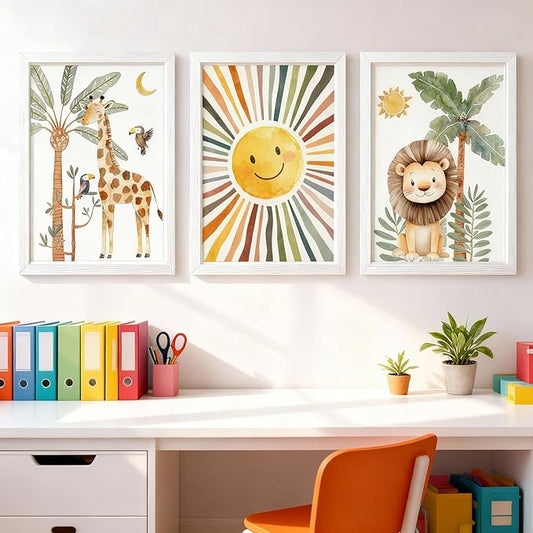 Cute Sun Lion Giraffe Quote Framed Wall Art Set of 4, 11x16 Boho Educational Animal Wall Sign for Baby Girl Kid Boy Toddlers, Wooden Inspirational Nursery Wall Decor Whie