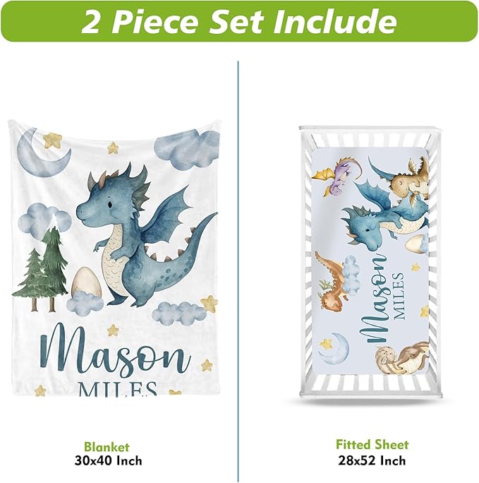Personalized Crib Bedding Set for Boys Girls, Custom Baby Crib Sets with Name, Blue Dinosaur Design Nursery Bedding 2 Piece - Soft Blanket with Double Layer Dotted Backing, Crib Fitted Sheet