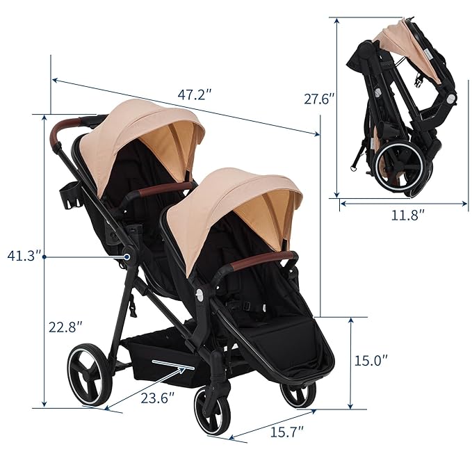 Tandem Double Stroller Newborn and Toddler, Foldable Twin Stroller with Reversible Seat, 5-Point Safety Harness, Adjustable Backrest & Canopy, Storage Basket