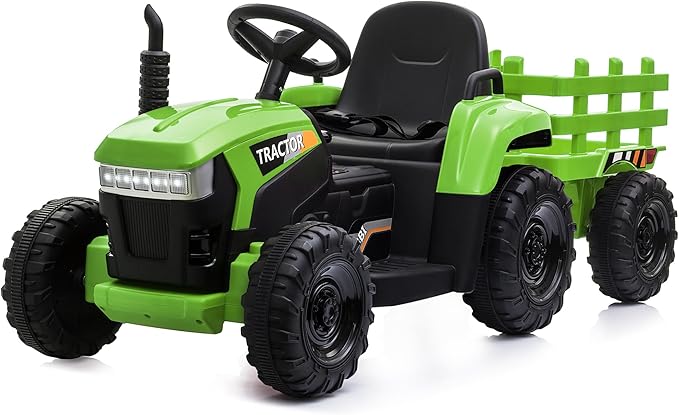 TOBBI Kids Electric Toy Tractor, 12V Battery-Powered Toddlers Ride On Car to Drive, Motorized Trailer Vehicle with 35W Dual Motor/6-Wheels/3-Speeds/LED & Horn Functions for Chirdren Aged 3-6-Green