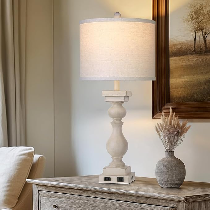 MOUVOVO 28" Tall Farmhouse Table Lamps Set of 2 with USB C+A Ports and AC Outlet, 3 Way Touch Tall Rustic Bedside Lamps for Living Room, Cream Vintage Lamps for Bedroom
