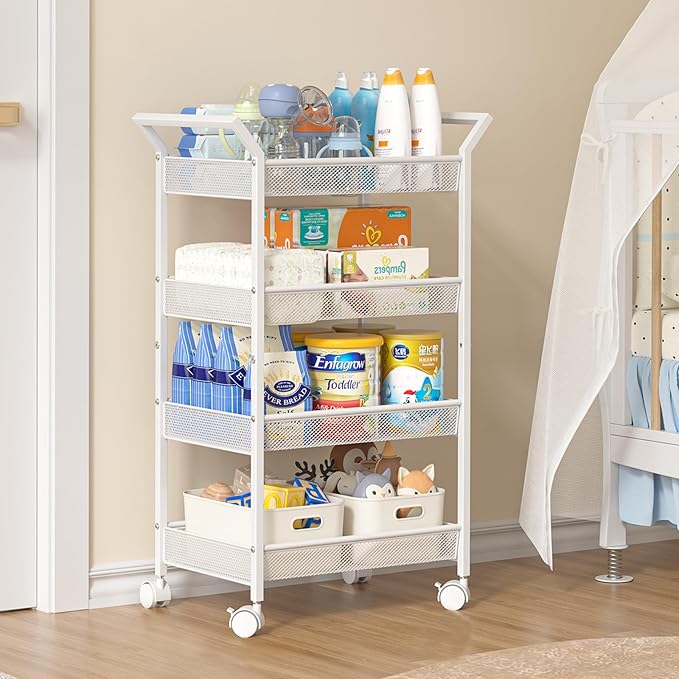 3IngSeagulls 4-Tier Baby Diaper Cart, Diaper Caddy Organizer, Rolling Utility Cart for Baby Supplies, Diaper Caddy Cart with Wheels for Bedroom, Nursery, Changing Table, White